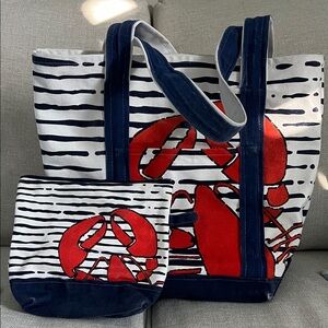 Canvas Tote Beach Bag Set-Red, Navy Blue and White